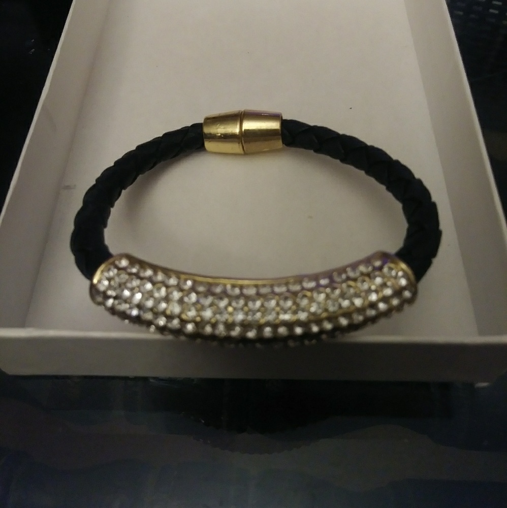 Faux Black Leather Bracelet w/ Rhinestones